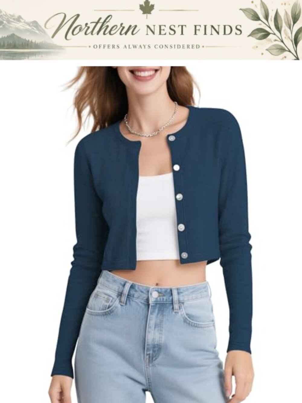 Womens Long Sleeve Button Up Cropped Cardigan Crew Neck Shrug